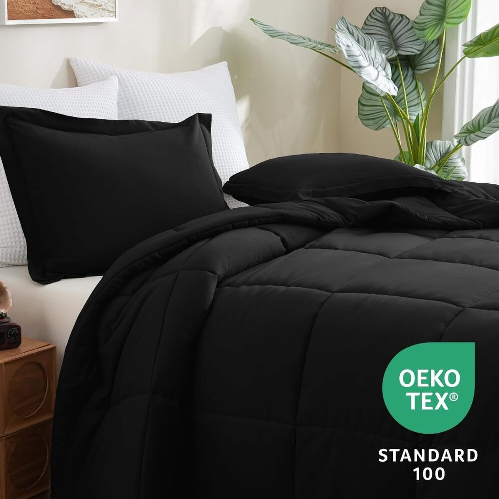 New Black Queen Comforter Set, 3-Piece Box Stitched Bedding, Down Alternative - Picture 3 of 13